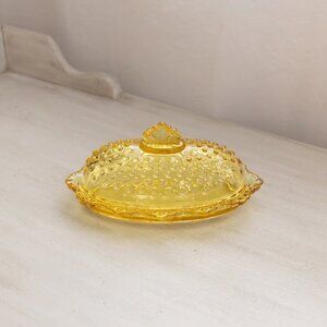 Vintage LE Smith Oval Yellow Glass Lidded Hobnail Butter Dish